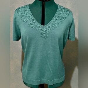 Embroidered Teal V-Neck Women's Top